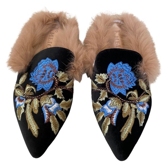 KMEIOO Embroidered Black Floral Mule with Fur Trim Slip On - Picture 3 of 6
